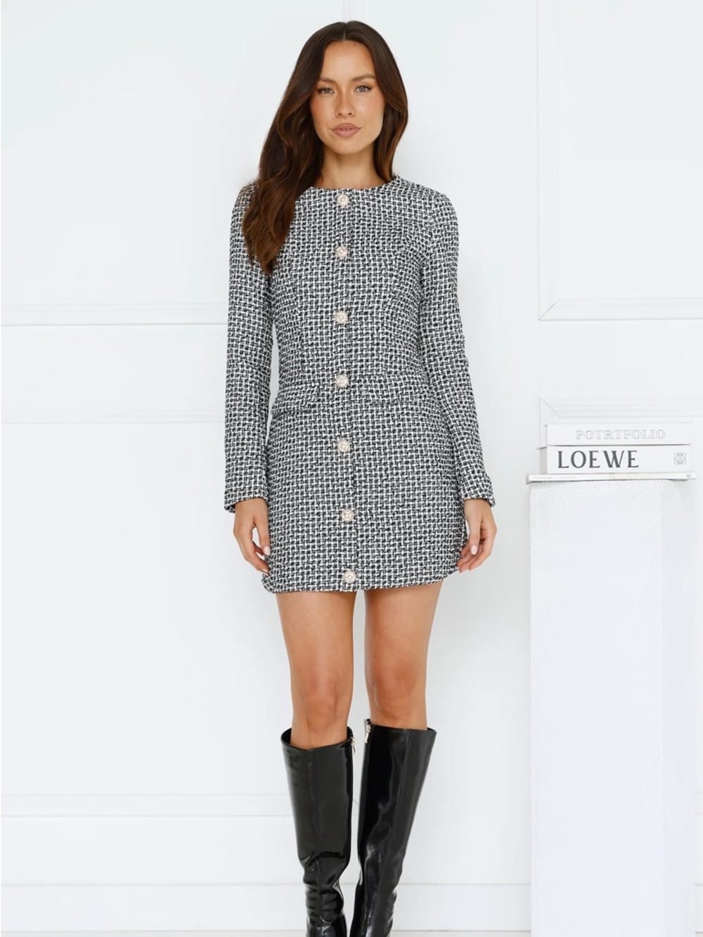 Hello Molly - MIDNIGHT DATE TWEED LONG SLEEVE MINI DRESS BLACK